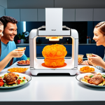 **

A brightly lit, futuristic kitchen scene. A 3D food printer is creating a colorful, custom-shaped meal. A happy family is gathered around the table, enjoying the personalized food. Focus on the advanced technology and the healthy, appealing look of the food. Consider including elements suggesting personalized nutrition analysis.

**