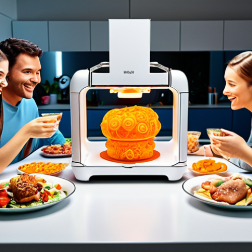 **

A brightly lit, futuristic kitchen scene. A 3D food printer is creating a colorful, custom-shaped meal. A happy family is gathered around the table, enjoying the personalized food. Focus on the advanced technology and the healthy, appealing look of the food. Consider including elements suggesting personalized nutrition analysis.

**