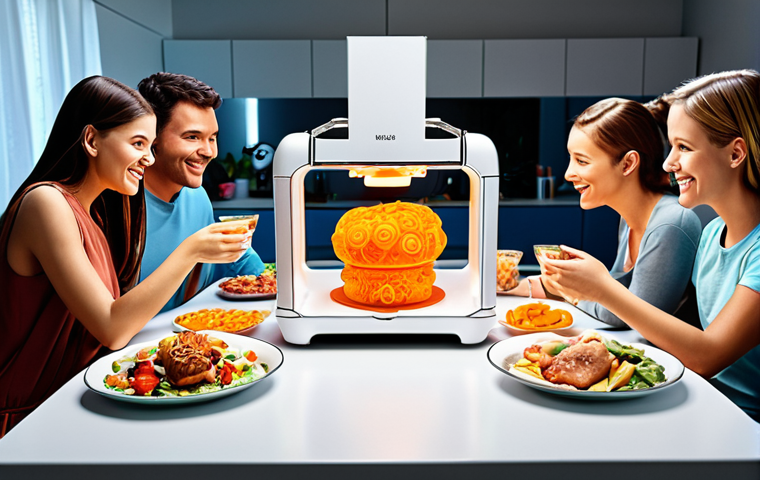 **
A brightly lit, futuristic kitchen scene. A 3D food printer is creating a colorful, custom-shaped meal. A happy family is gathered around the table, enjoying the personalized food. Focus on the advanced technology and the healthy, appealing look of the food. Consider including elements suggesting personalized nutrition analysis.
**