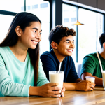 A diverse group of young adults, representing the MZ generation, fully clothed in modest, contemporary casual attire, are comfortably seated in a bright, modern cafe. They are each holding stylish cups of plant-based milk lattes or beverages, engaging in natural conversation or looking at their smartphones. The cafe has a clean, minimalist aesthetic with touches of greenery, and a prominent display or menu board indicates various plant-based milk options like oat, almond, and soy. The scene conveys a sense of modern lifestyle, health-consciousness, and value-driven consumption, safe for work, appropriate content, fully clothed, family-friendly, perfect anatomy, correct proportions, natural pose, well-formed hands, proper finger count, natural body proportions, professional photography, high quality.