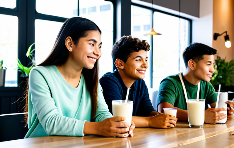 A diverse group of young adults, representing the MZ generation, fully clothed in modest, contemporary casual attire, are comfortably seated in a bright, modern cafe. They are each holding stylish cups of plant-based milk lattes or beverages, engaging in natural conversation or looking at their smartphones. The cafe has a clean, minimalist aesthetic with touches of greenery, and a prominent display or menu board indicates various plant-based milk options like oat, almond, and soy. The scene conveys a sense of modern lifestyle, health-consciousness, and value-driven consumption, safe for work, appropriate content, fully clothed, family-friendly, perfect anatomy, correct proportions, natural pose, well-formed hands, proper finger count, natural body proportions, professional photography, high quality.